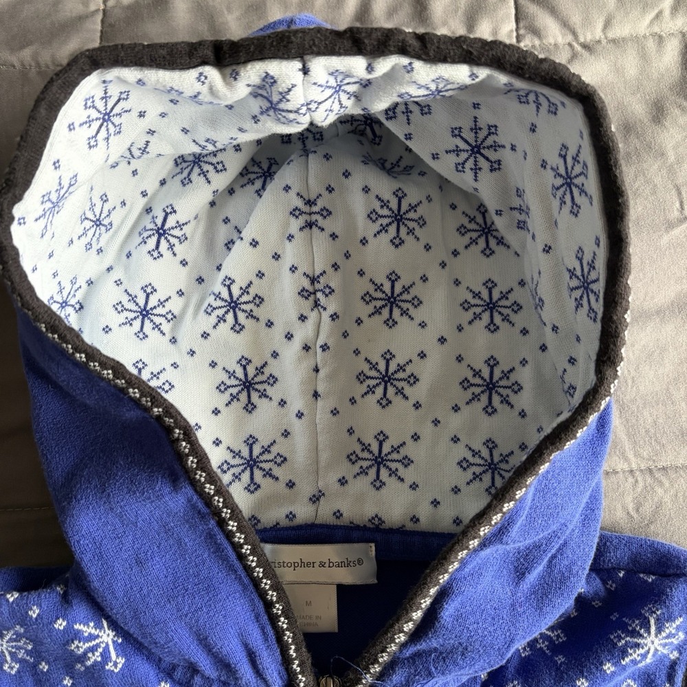 VTG Medium 90s Blue Hooded Snowflake Sweater Vest Zipper Cottage Nordic Scandi - Picture 10 of 10